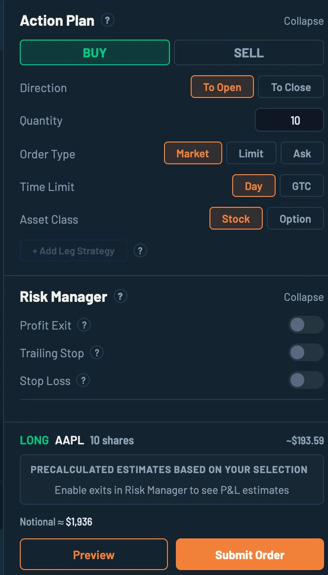 Actual AiFS PRO order ticket with quantity, order type, time limit, risk controls and preview button