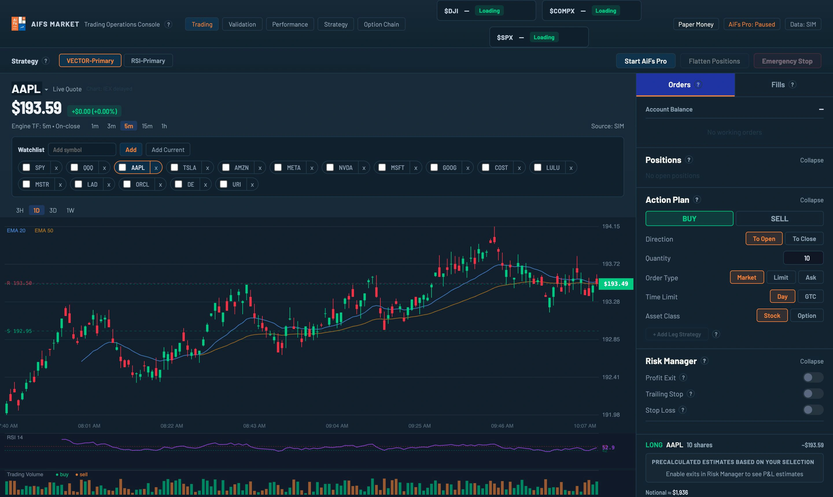 Actual AiFS PRO interface showing an AAPL chart, watchlist and order ticket in simulated-data mode
